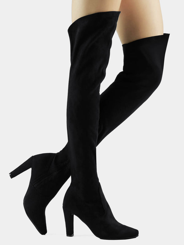 Shoe N Tale Women Stretch Suede Chunky Heel Thigh High Over The Knee Boots shoentale